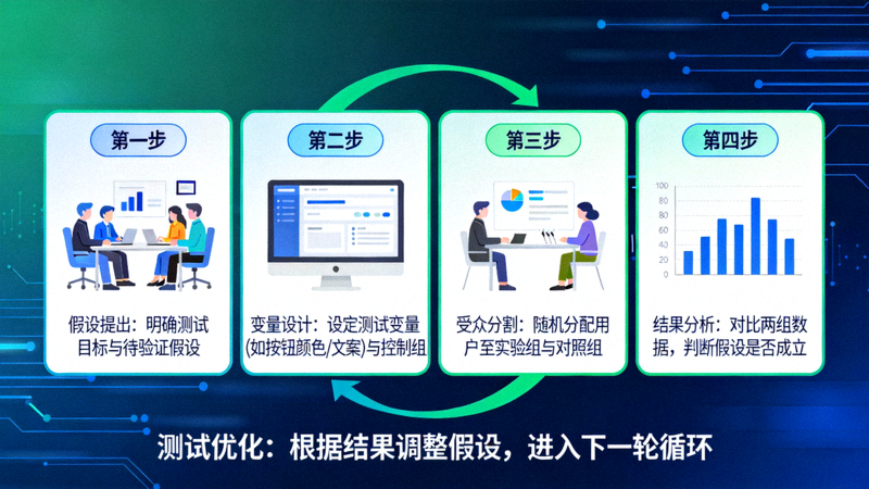 A/B测试流程图：展示从假设提出、变量设计、受众分割到结果分析的完整测试循环