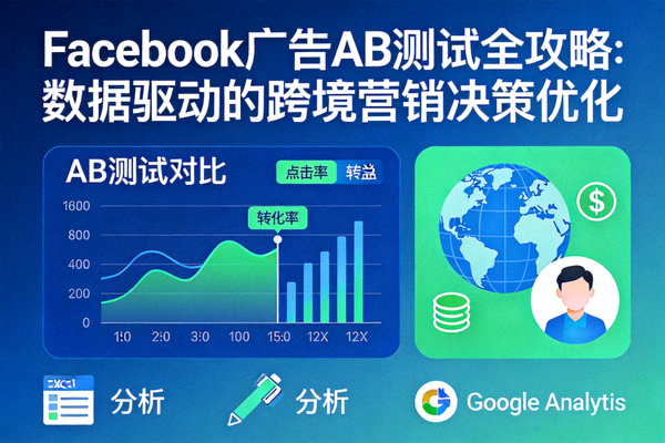 Facebook广告AB测试全攻略概念图：展示广告创意、受众、版位等变量在数据驱动下的对比测试流程