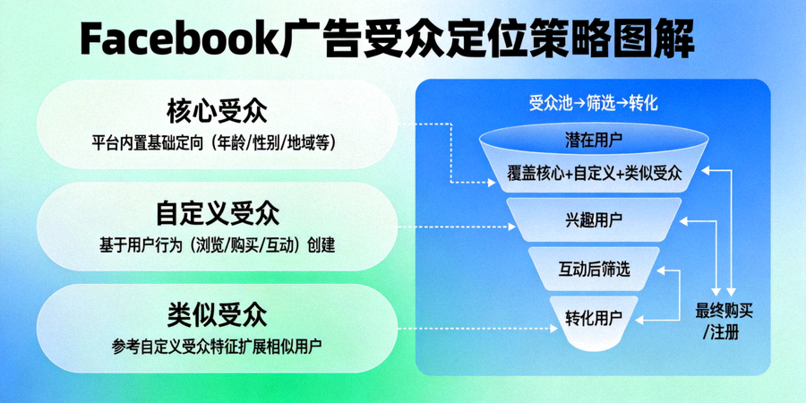 Facebook广告受众定位策略图解：展示核心受众、自定义受众与类似受众的关联与漏斗模型