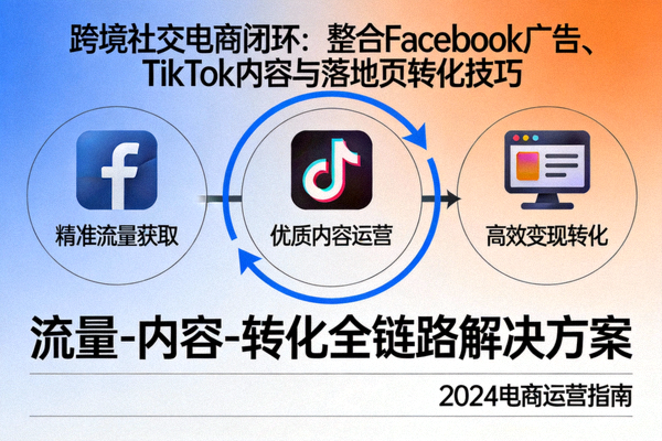 跨境社交电商闭环概念图：展示Facebook广告、TikTok内容与落地页之间的流量与转化关系