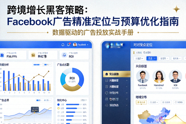 跨境增长黑客策略：Facebook广告精准定位与预算优化指南封面图，展示数据分析仪表盘与目标受众定位界面