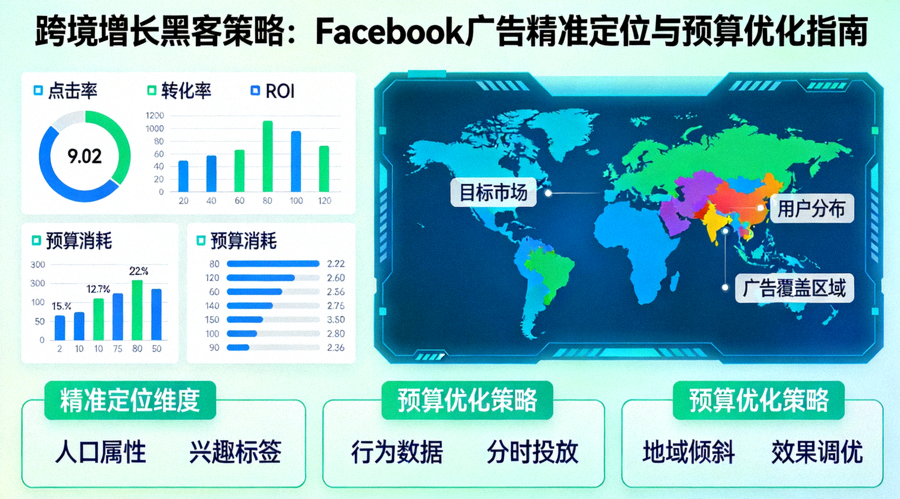 跨境增长黑客策略：Facebook广告精准定位与预算优化指南核心概念图，展示数据仪表盘与全球定位