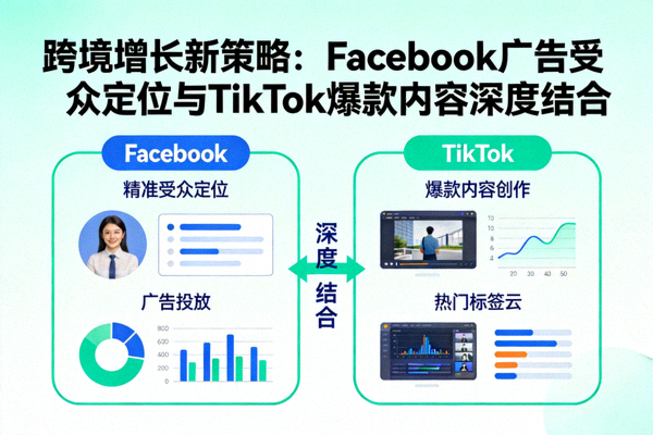 跨境增长新策略概念图：展示Facebook广告仪表盘与TikTok热门视频内容相互连接，形成协同增长闭环