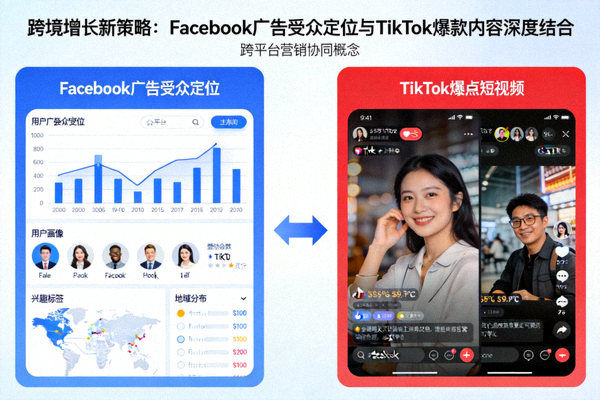 跨境增长新策略：Facebook广告受众定位与TikTok爆款内容深度结合资讯配图，展示跨平台营销协同概念