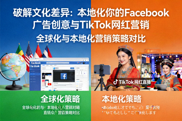 破解文化差异：本地化你的Facebook广告创意与TikTok网红营销资讯配图，展示全球化与本地化营销概念