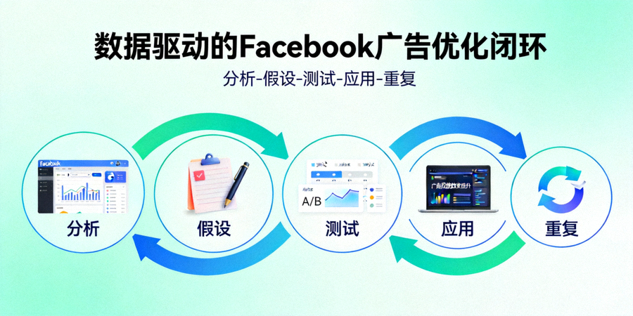 数据驱动的Facebook广告优化闭环流程图：展示分析、假设、测试、应用与重复的循环过程