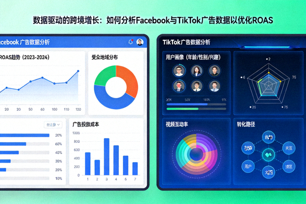 数据驱动的跨境增长：如何分析Facebook与TikTok广告数据以优化ROAS资讯配图，展示数据分析仪表盘与图表