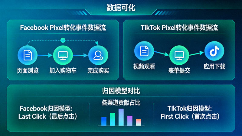 数据仪表盘示意图：展示Facebook Pixel与TikTok Pixel追踪的转化事件数据流与归因模型