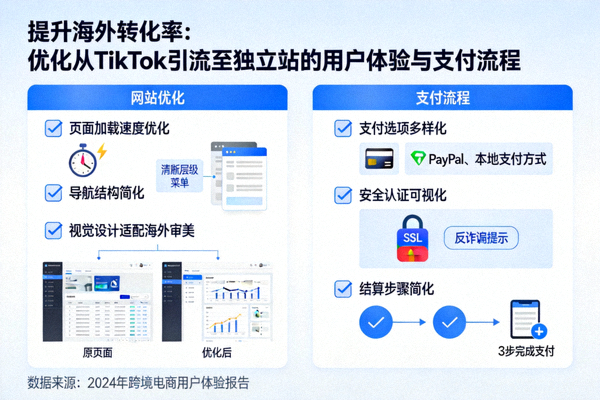 提升海外转化率：优化从TikTok引流至独立站的用户体验与支付流程资讯配图，展示网站优化与支付流程