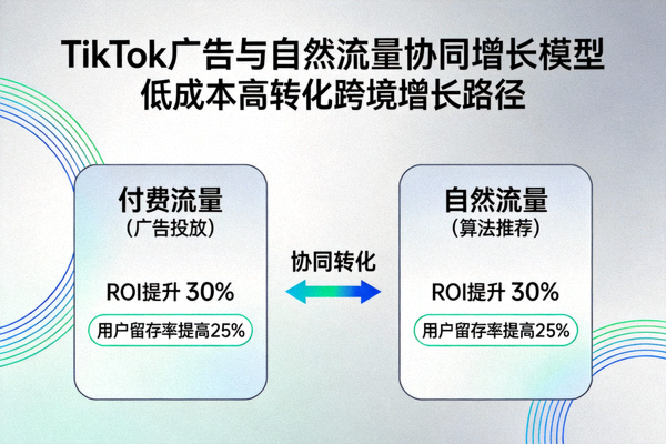 TikTok广告与自然流量结合打造低成本高转化跨境增长模型封面图，展示付费流量与自然推荐流量协同示意图