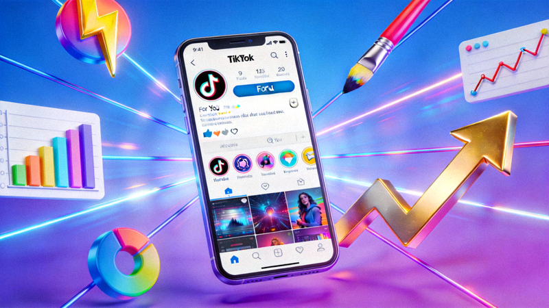 TikTok营销概念图：手机屏幕上显示着TikTok应用界面，周围环绕着代表创意、数据和增长上升的箭头与图标