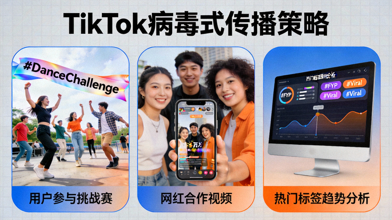 展示TikTok病毒式传播策略的拼贴图：包含用户参与挑战赛、网红合作视频、热门标签趋势分析仪表盘等场景