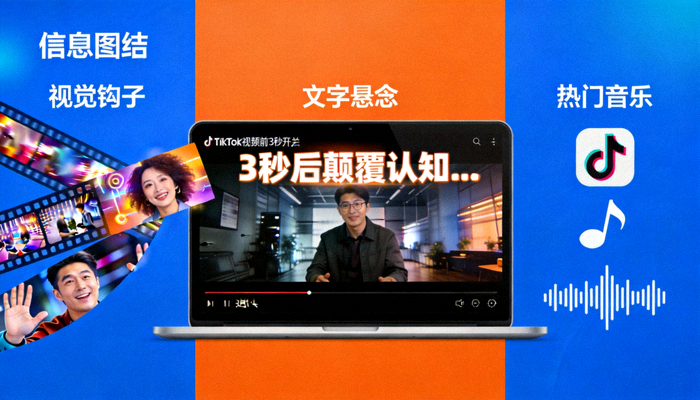 展示TikTok视频前3秒设计技巧的示意图：屏幕上突出显示视频开头部分，标注了视觉钩子、文字悬念和热门音乐等元素