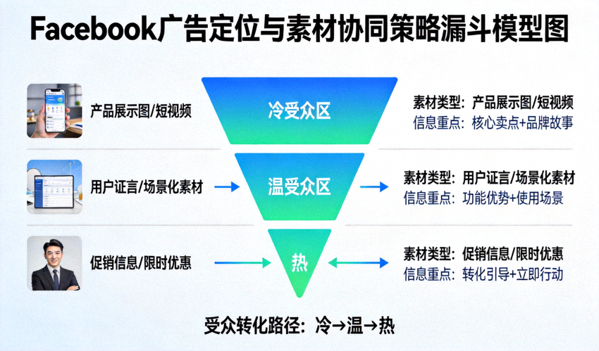 Facebook广告定位与素材协同策略漏斗模型图：展示针对冷、温、热受众的不同素材类型与信息重点