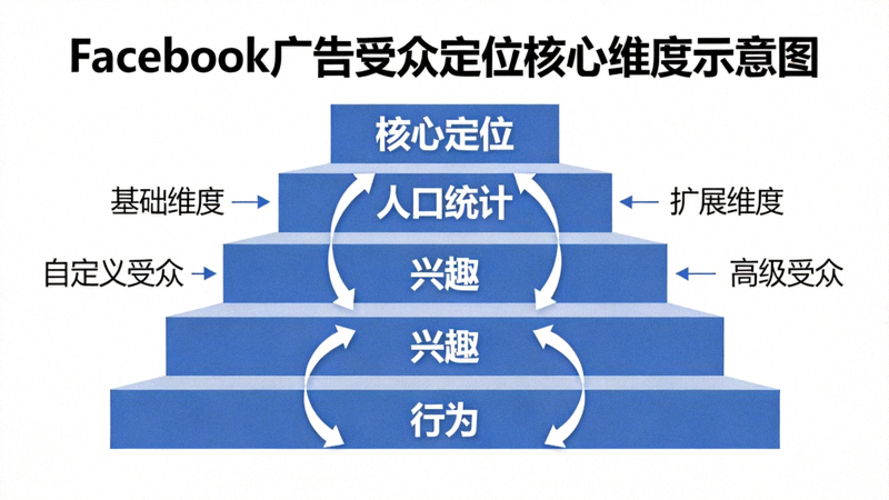 Facebook广告受众定位核心维度示意图：展示人口统计、兴趣、行为、自定义受众和类似受众的层级关系
