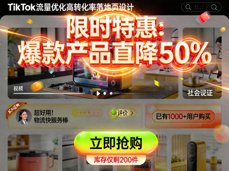 针对TikTok流量优化的高转化率落地页设计示例：展示清晰的标题、产品视频、社会证明和突出的购买按钮
