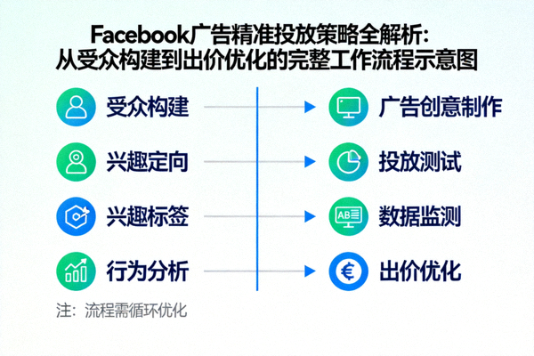 Facebook广告精准投放策略全解析：从受众构建到出价优化的完整工作流程示意图