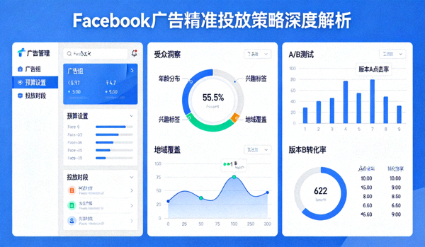 Facebook广告精准投放策略深度解析：展示广告管理界面、受众洞察仪表盘和A/B测试结果对比图