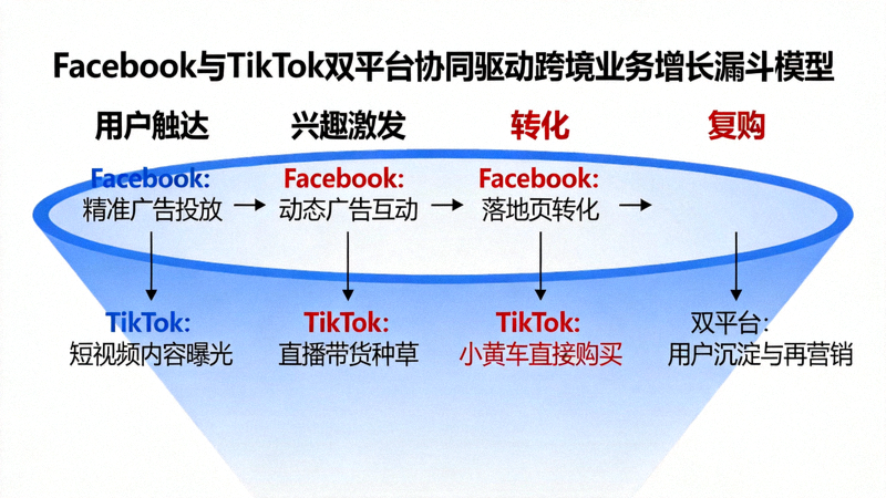 Facebook与TikTok双平台协同驱动跨境业务增长漏斗模型示意图