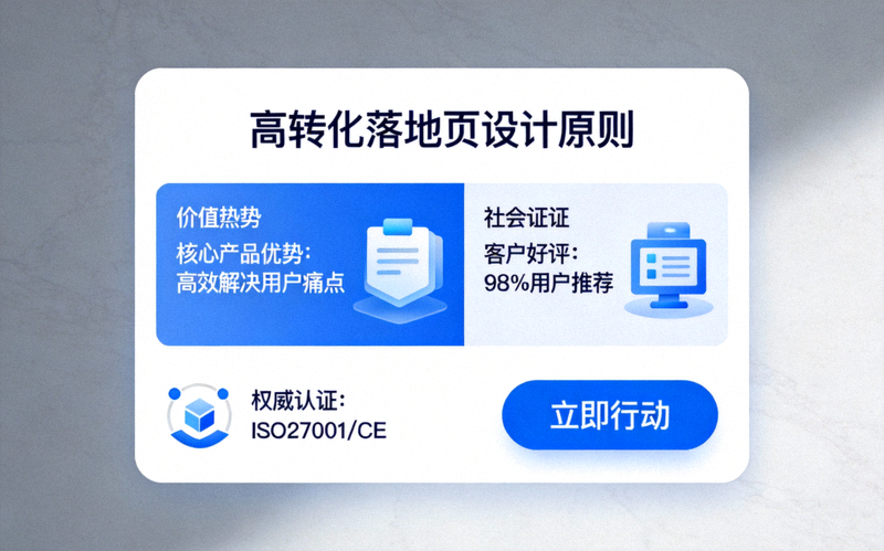 高转化落地页设计原则图示：展示清晰的标题、价值主张、社会证明、信任标识与突出的行动号召按钮布局