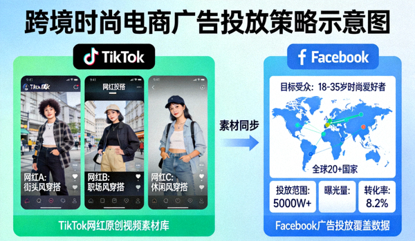 跨境时尚电商案例：展示其利用TikTok网红穿搭视频作为素材，在Facebook进行广泛覆盖的广告投放策略示意图