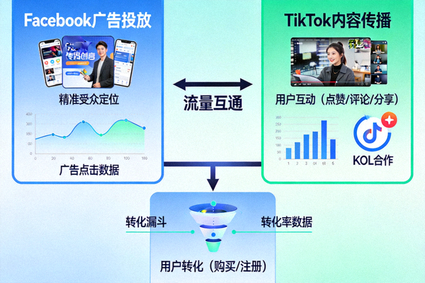 跨平台协同营销模型图：展示Facebook广告与TikTok内容如何配合引流与转化