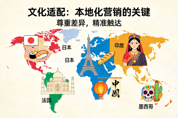 世界地图与本地化营销元素插图，强调文化适配的重要性