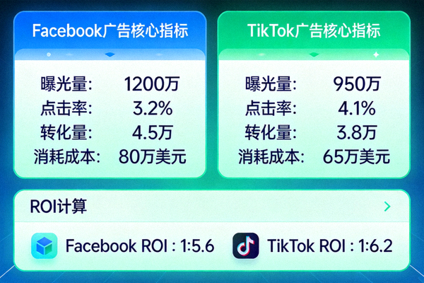 数据仪表盘截图展示Facebook与TikTok广告核心指标分析与ROI计算