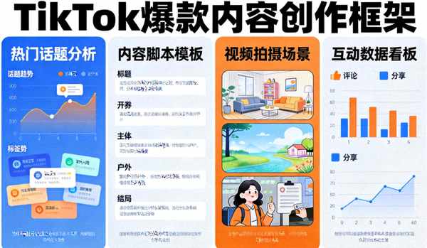 TikTok爆款内容创作框架：展示热门话题分析、内容脚本模板、视频拍摄场景和互动数据看板