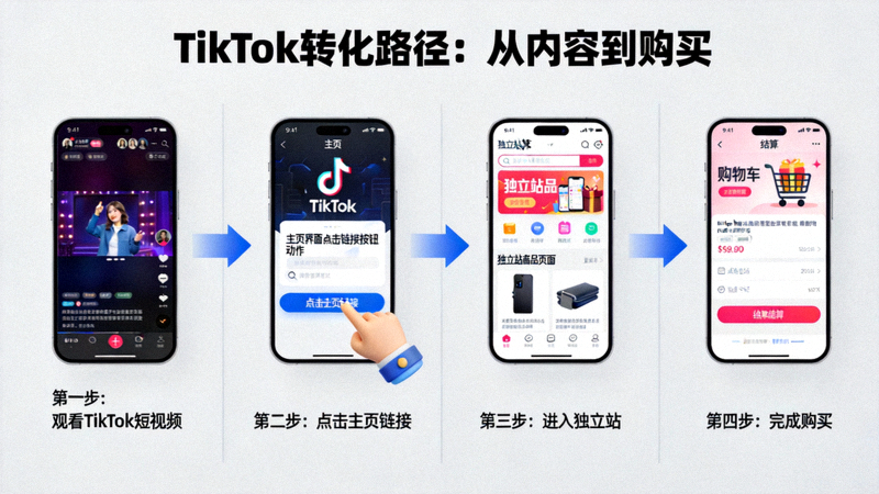 TikTok短视频内容引导用户点击主页链接进入独立站完成购买的简化转化路径图