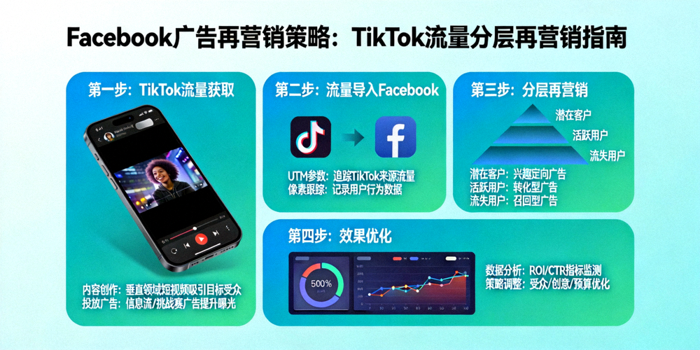 Facebook广告再营销策略信息图：展示如何将TikTok流量导入Facebook进行分层再营销
