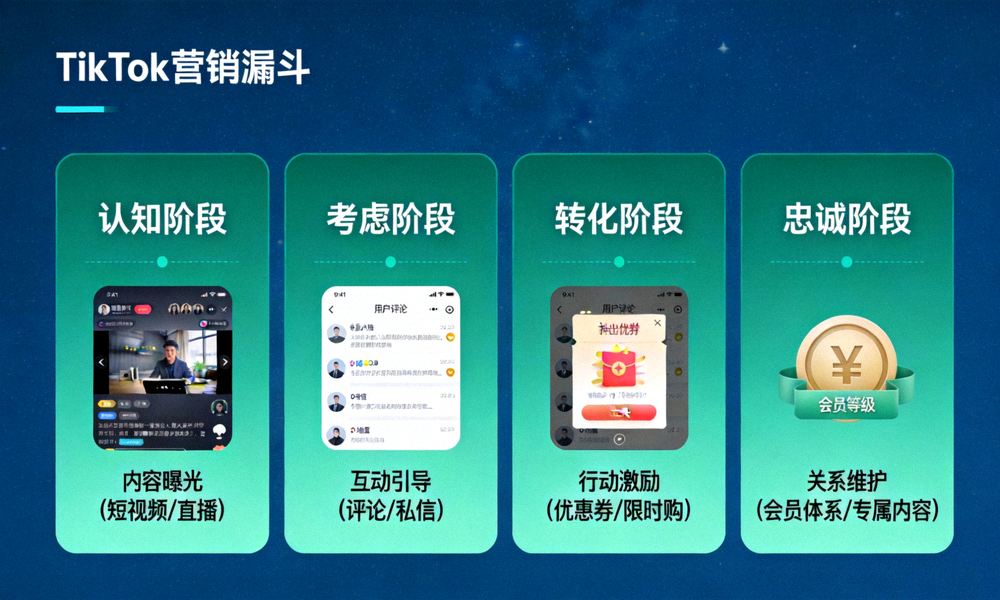 TikTok营销漏斗优化示意图：展示从认知、考虑、转化到忠诚的四个阶段及对应策略