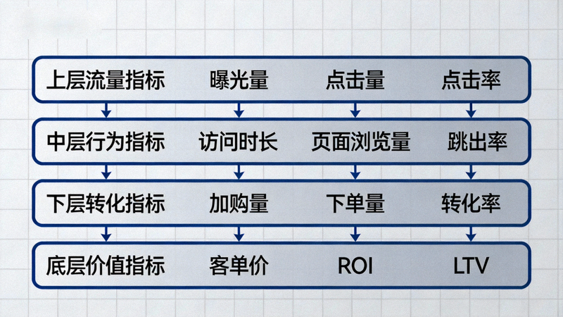 跨境电商广告KPI数据分层框架图：展示从上层流量指标到底层转化价值指标的完整分析路径