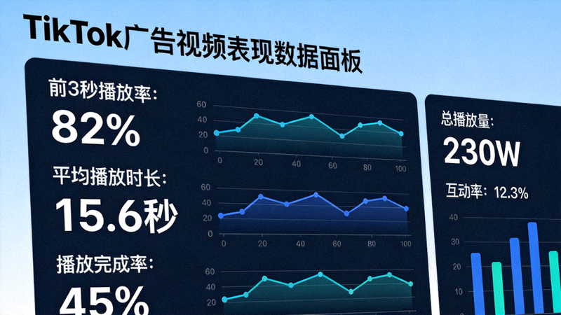 TikTok广告视频表现数据面板截图：重点展示前3秒播放率、平均播放时长和播放完成率等核心内容指标