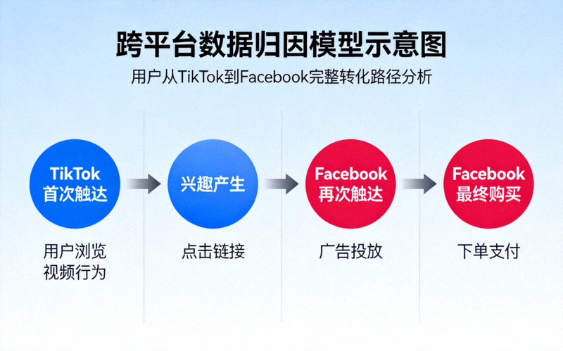 跨平台数据归因模型示意图：展示用户从TikTok首次触达到Facebook最终购买的完整转化路径分析