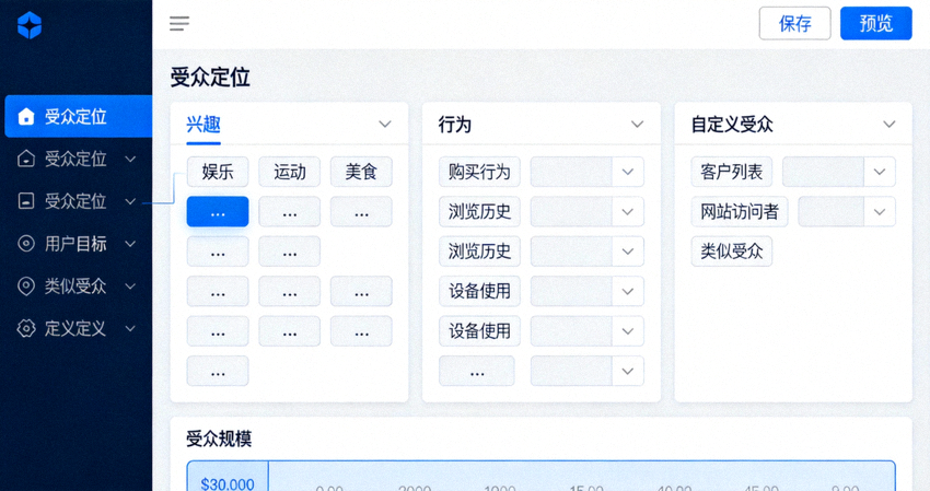 Facebook广告受众定位后台操作界面示意图，展示兴趣、行为、自定义受众等选项