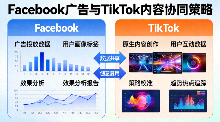 Facebook广告与TikTok内容协同策略概念图：展示两个平台数据流与创意内容相互作用的可视化图表