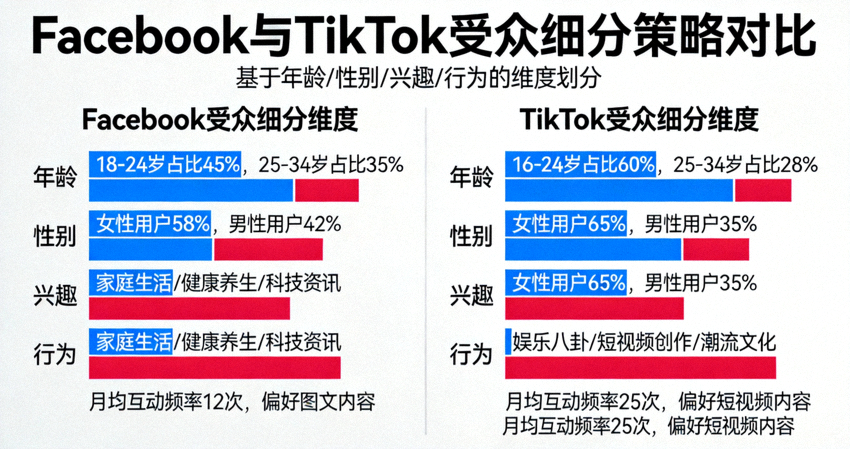 Facebook与TikTok受众细分策略对比图表，展示不同维度下的受众划分方法