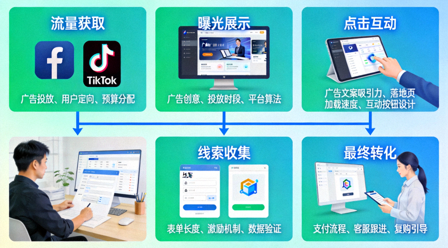 Facebook与TikTok广告漏斗优化全流程示意图，展示从流量获取到最终转化的五个阶段