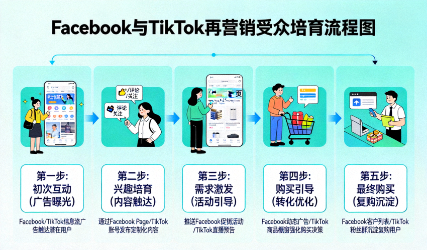 Facebook与TikTok再营销受众培育流程图，展示用户从初次互动到最终购买的多步骤触达路径