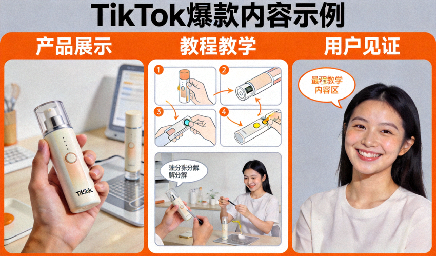 TikTok爆款内容示例拼图：展示产品展示、教程、用户见证等不同内容形式